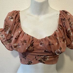 Papermoon Floral Puff Sleeve Crop Top in Mauve